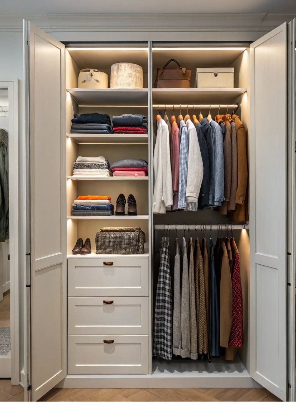 A reach-in closet behind open bifold doors, hanging shirts on the right and folded stacks, shoes and drawers on the left